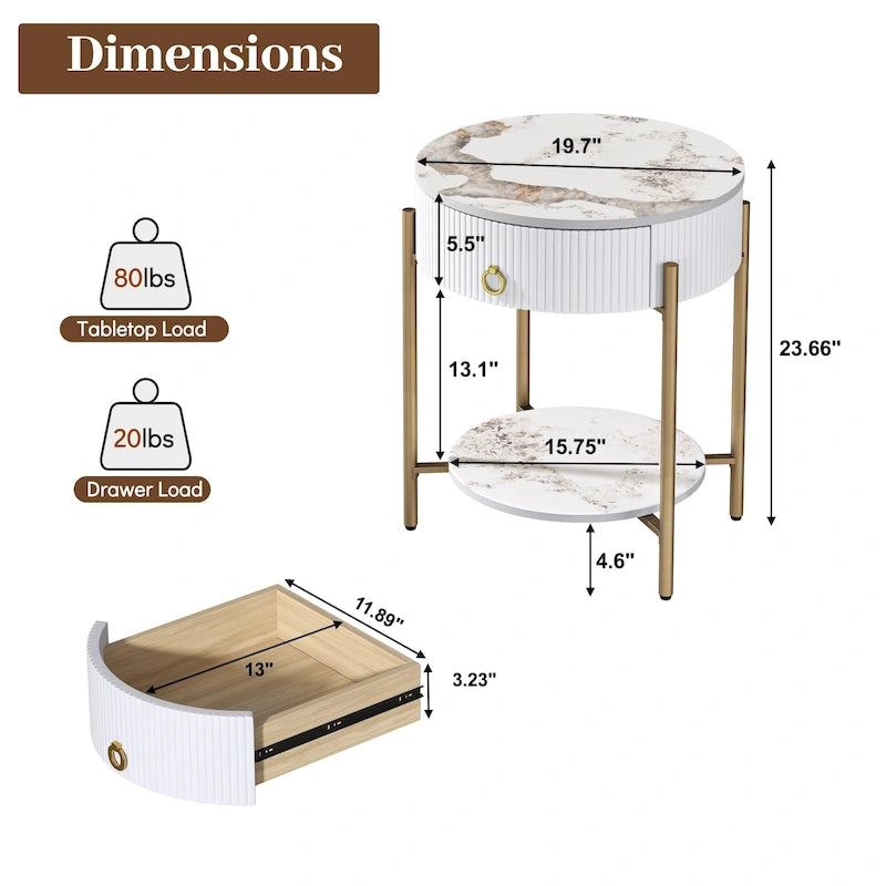 Tavolino rotondo con cassetto, ripiano aperto e gambe in metallo per 1 persona, in marmo bianco-oro / marmo bianco-cromo / marrone-nero