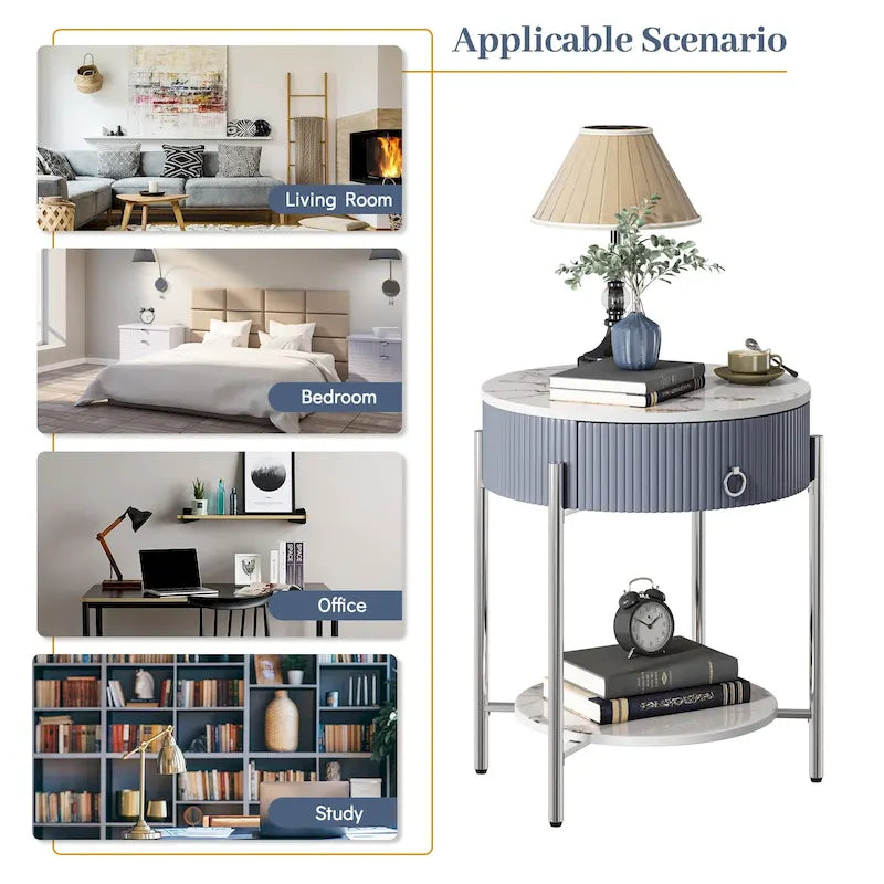 Tavolino rotondo con cassetto, ripiano aperto e gambe in metallo per 1 persona, in marmo bianco-oro / marmo bianco-cromo / marrone-nero