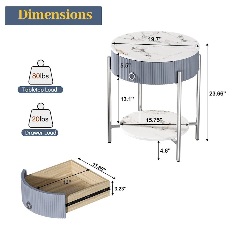 Tavolino rotondo con cassetto, ripiano aperto e gambe in metallo per 1 persona, in marmo bianco-oro / marmo bianco-cromo / marrone-nero