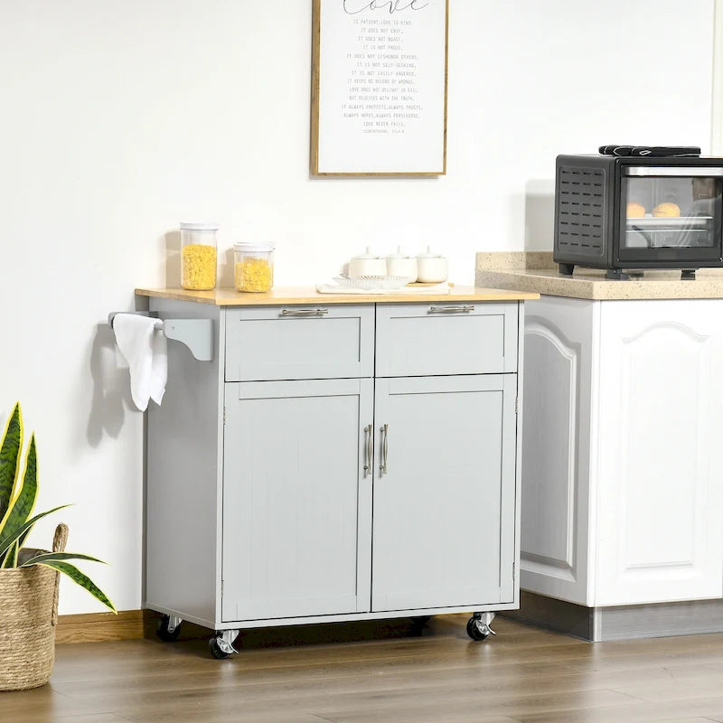 Carrello da cucina su ruote grigio/bianco/nero con piano in legno di caucciù, per 1 persona
