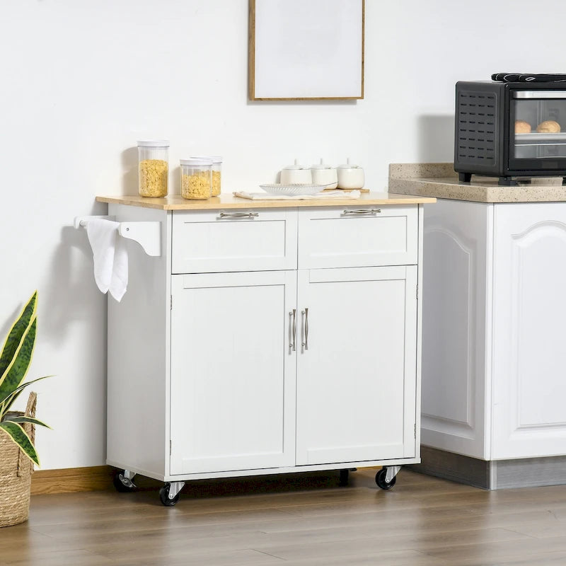 Carrello da cucina su ruote grigio/bianco/nero con piano in legno di caucciù, per 1 persona