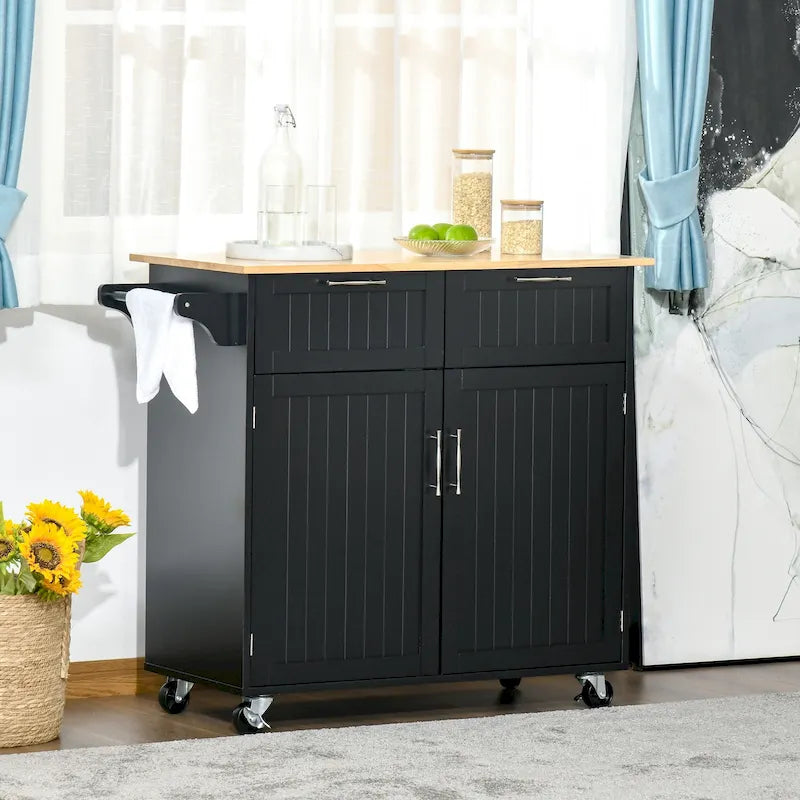 Carrello da cucina su ruote grigio/bianco/nero con piano in legno di caucciù, per 1 persona