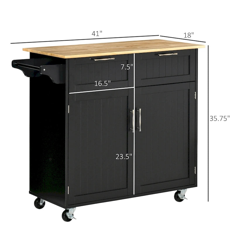 Carrello da cucina su ruote grigio/bianco/nero con piano in legno di caucciù, per 1 persona