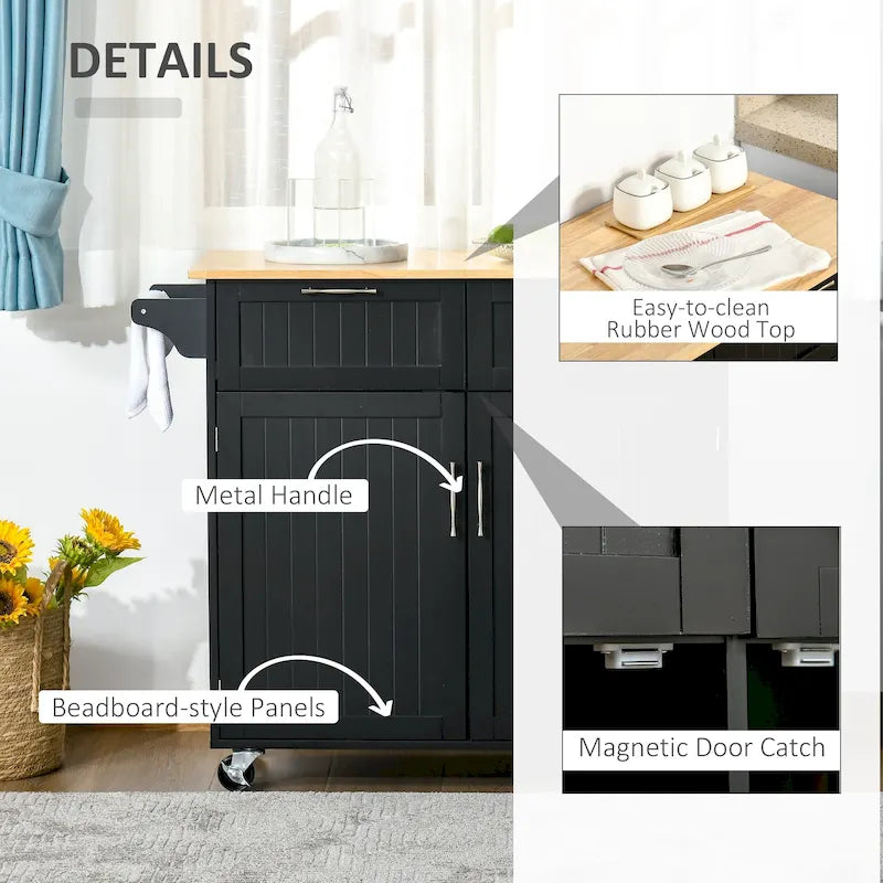 Carrello da cucina su ruote grigio/bianco/nero con piano in legno di caucciù, per 1 persona
