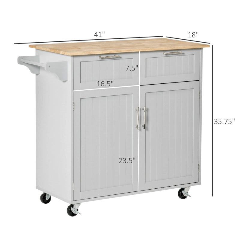 Carrello da cucina su ruote grigio/bianco/nero con piano in legno di caucciù, per 1 persona