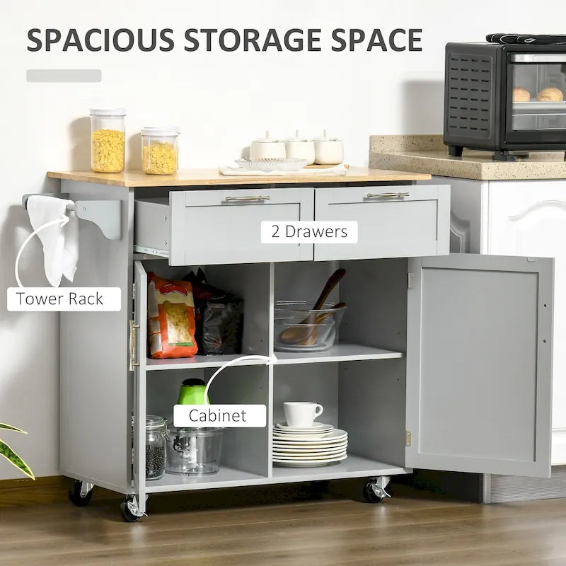 Carrello da cucina su ruote grigio/bianco/nero con piano in legno di caucciù, per 1 persona