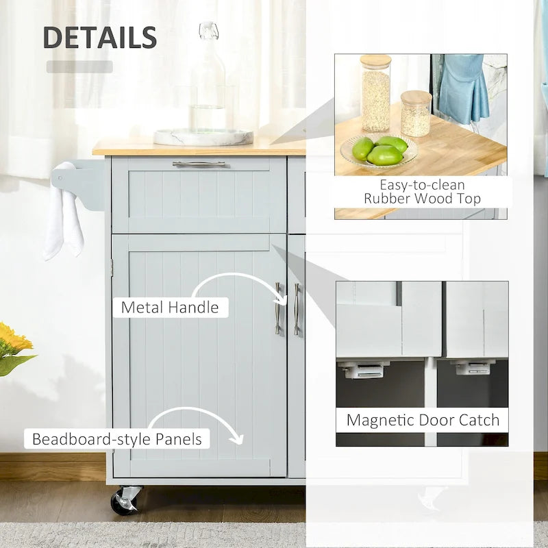 Carrello da cucina su ruote grigio/bianco/nero con piano in legno di caucciù, per 1 persona