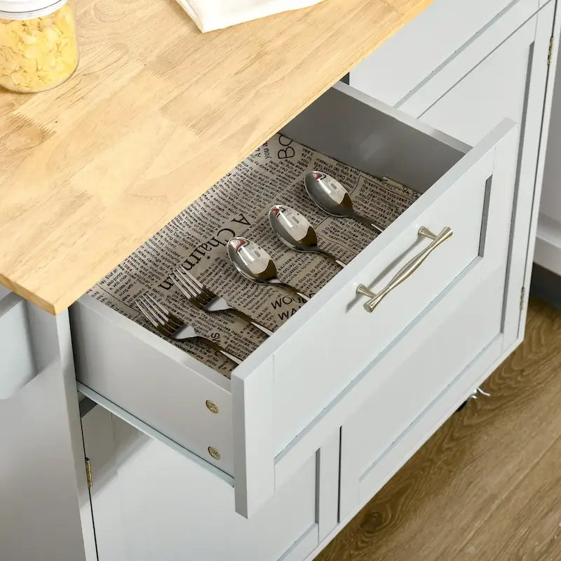 Carrello da cucina su ruote grigio/bianco/nero con piano in legno di caucciù, per 1 persona