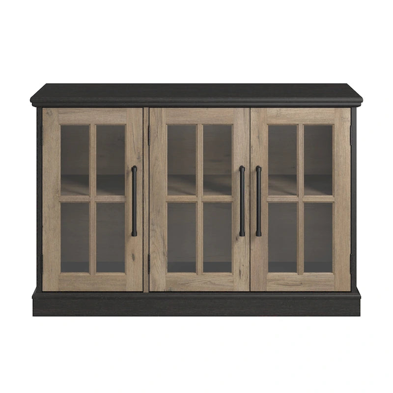 Mobile TV da fattoria con ante in vetro e ripiani regolabili in noce americano/frassino bianco vintage per 1 persona