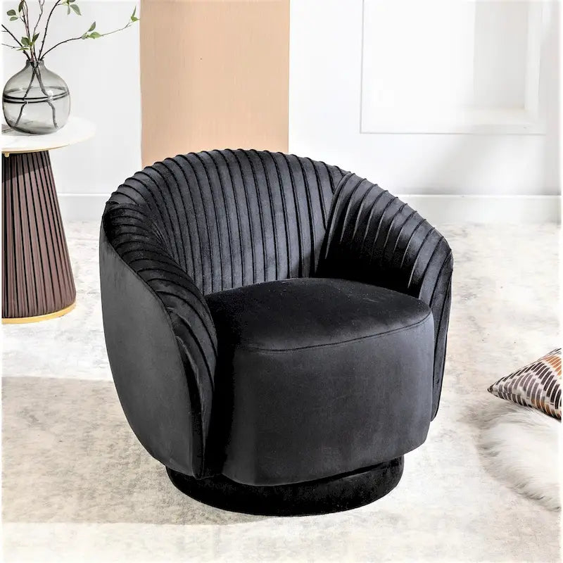 Poltroncina singola girevole a 360° in velluto con dettaglio pieghettato, disponibile nei colori Nero / Avorio / Verde Menta / Rosso Arancio / Grigio / Rosa / Giallo / Verde Petrolio