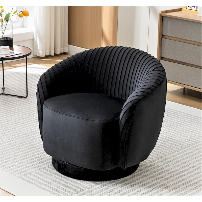 Poltroncina singola girevole a 360° in velluto con dettaglio pieghettato, disponibile nei colori Nero / Avorio / Verde Menta / Rosso Arancio / Grigio / Rosa / Giallo / Verde Petrolio
