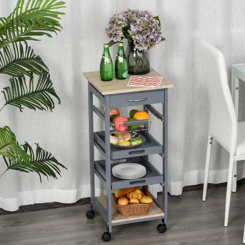 Carrello/isola da cucina su ruote in legno di pino bianco/grigio con cassetto e cestello estraibile, per 1 persona