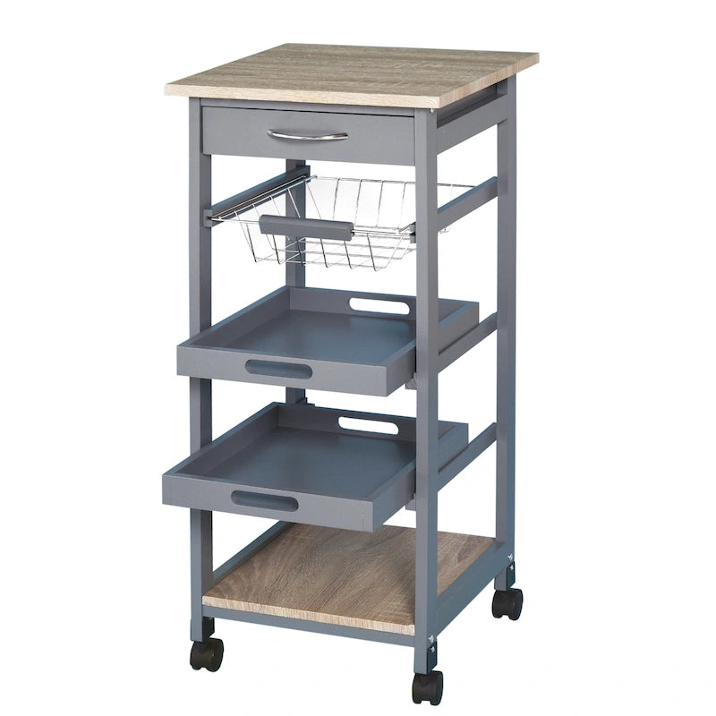 Carrello/isola da cucina su ruote in legno di pino bianco/grigio con cassetto e cestello estraibile, per 1 persona