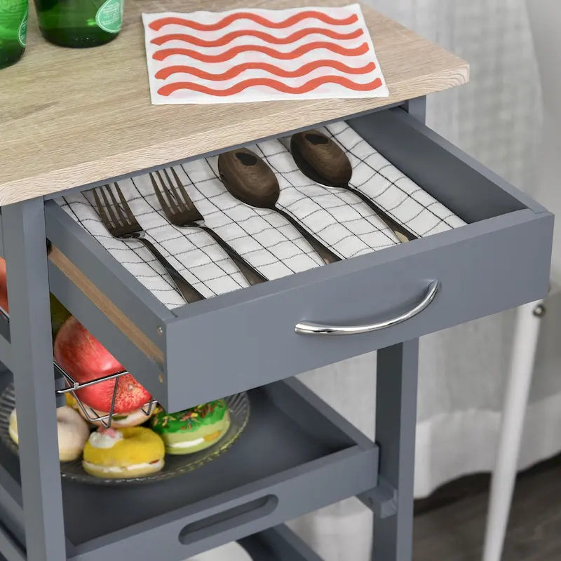 Carrello/isola da cucina su ruote in legno di pino bianco/grigio con cassetto e cestello estraibile, per 1 persona