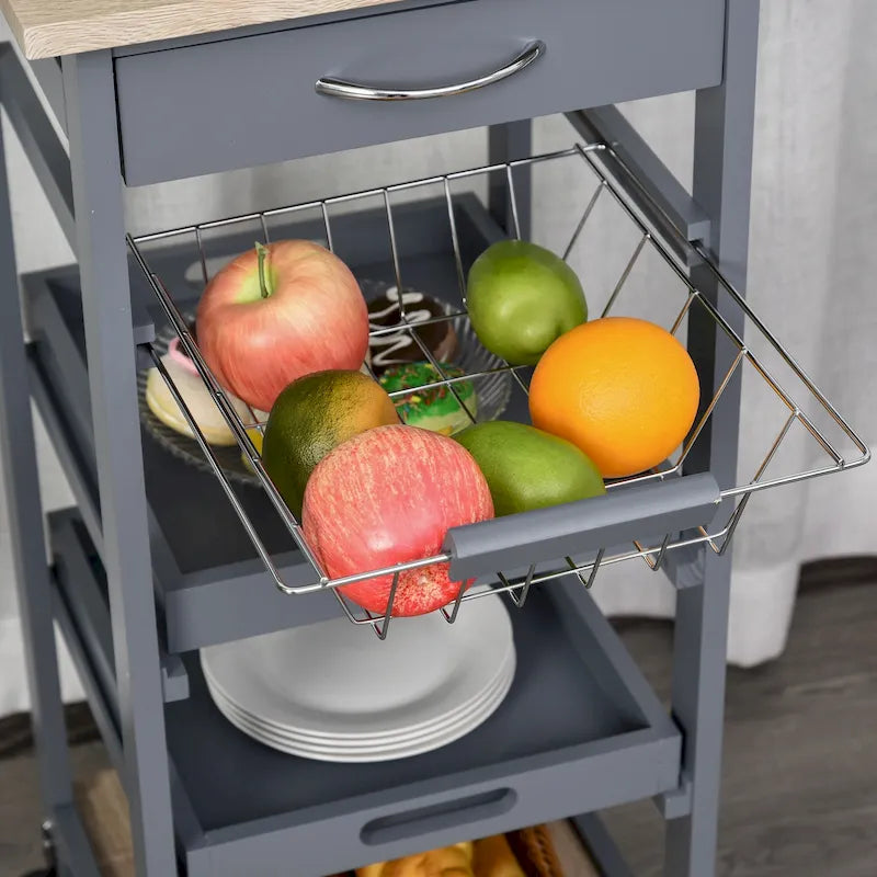 Carrello/isola da cucina su ruote in legno di pino bianco/grigio con cassetto e cestello estraibile, per 1 persona