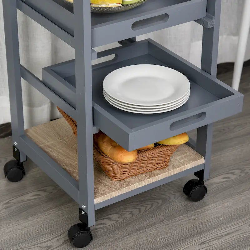 Carrello/isola da cucina su ruote in legno di pino bianco/grigio con cassetto e cestello estraibile, per 1 persona