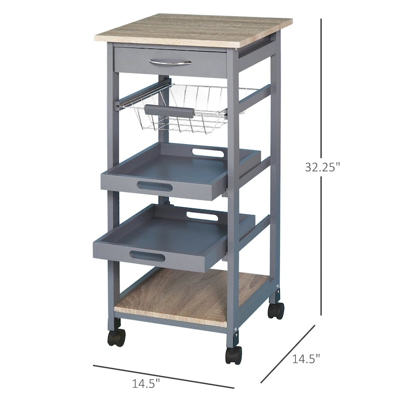 Carrello/isola da cucina su ruote in legno di pino bianco/grigio con cassetto e cestello estraibile, per 1 persona