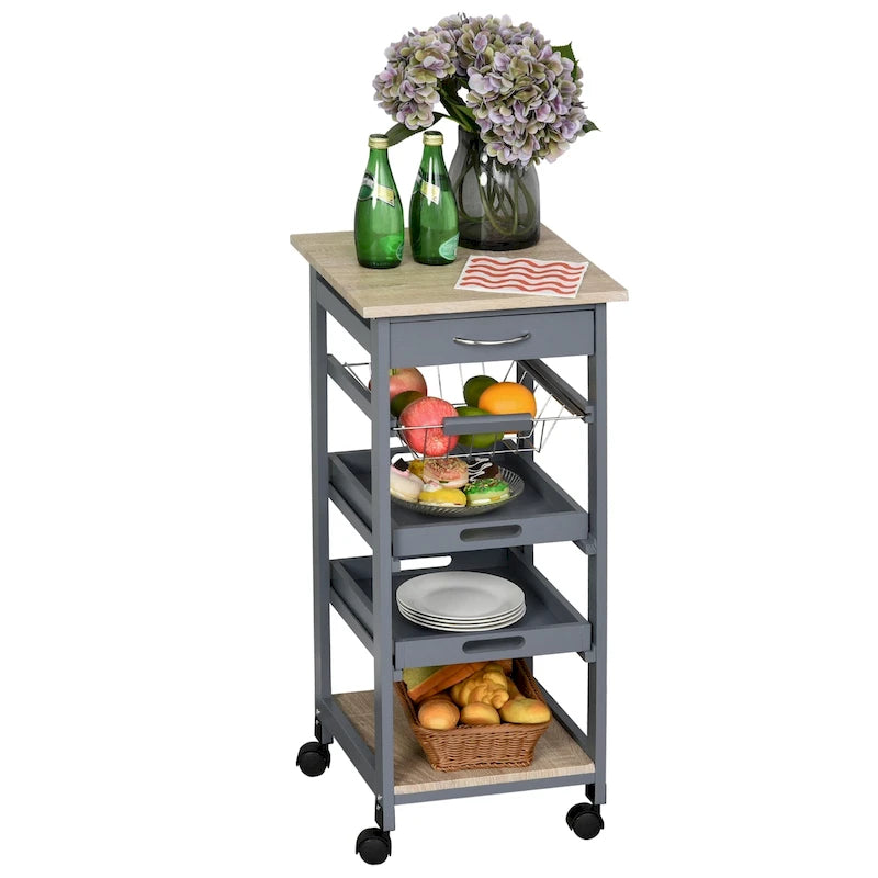 Carrello/isola da cucina su ruote in legno di pino bianco/grigio con cassetto e cestello estraibile, per 1 persona