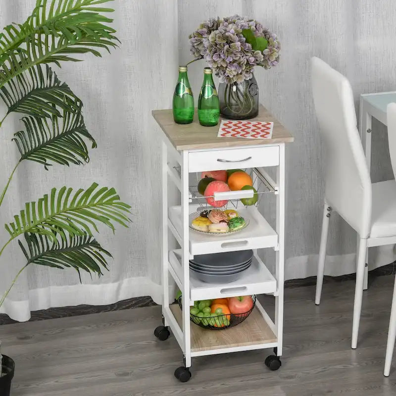 Carrello/isola da cucina su ruote in legno di pino bianco/grigio con cassetto e cestello estraibile, per 1 persona