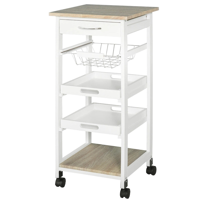 Carrello/isola da cucina su ruote in legno di pino bianco/grigio con cassetto e cestello estraibile, per 1 persona