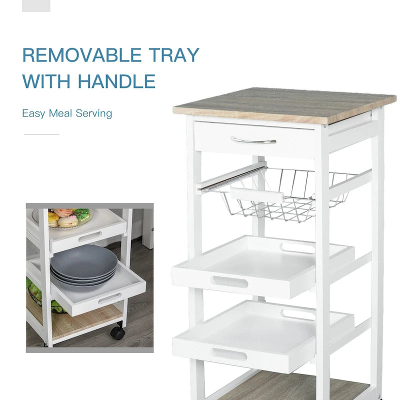 Carrello/isola da cucina su ruote in legno di pino bianco/grigio con cassetto e cestello estraibile, per 1 persona