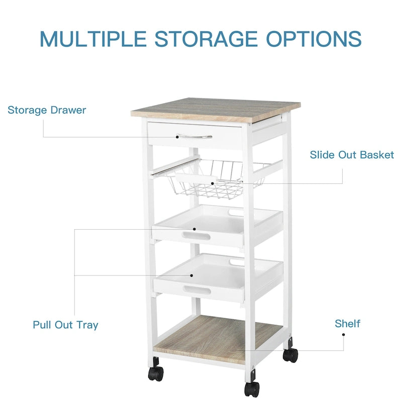 Carrello/isola da cucina su ruote in legno di pino bianco/grigio con cassetto e cestello estraibile, per 1 persona