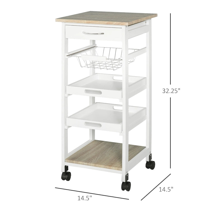 Carrello/isola da cucina su ruote in legno di pino bianco/grigio con cassetto e cestello estraibile, per 1 persona
