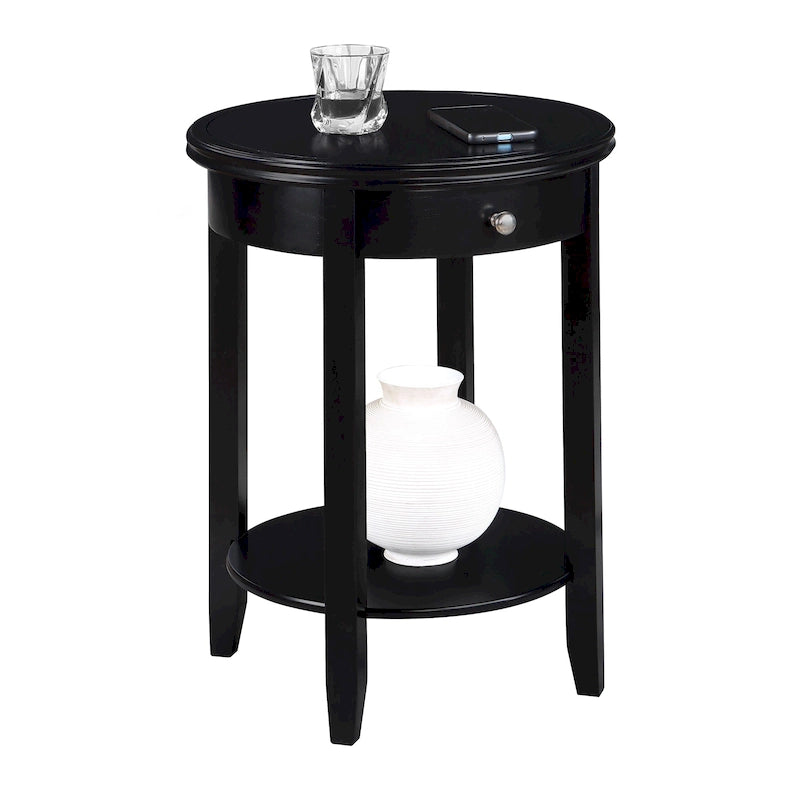 Tavolino rotondo a 2 ripiani color Espresso/Bianco/Nero con 1 cassetto e bordo scanalato per 1 persona