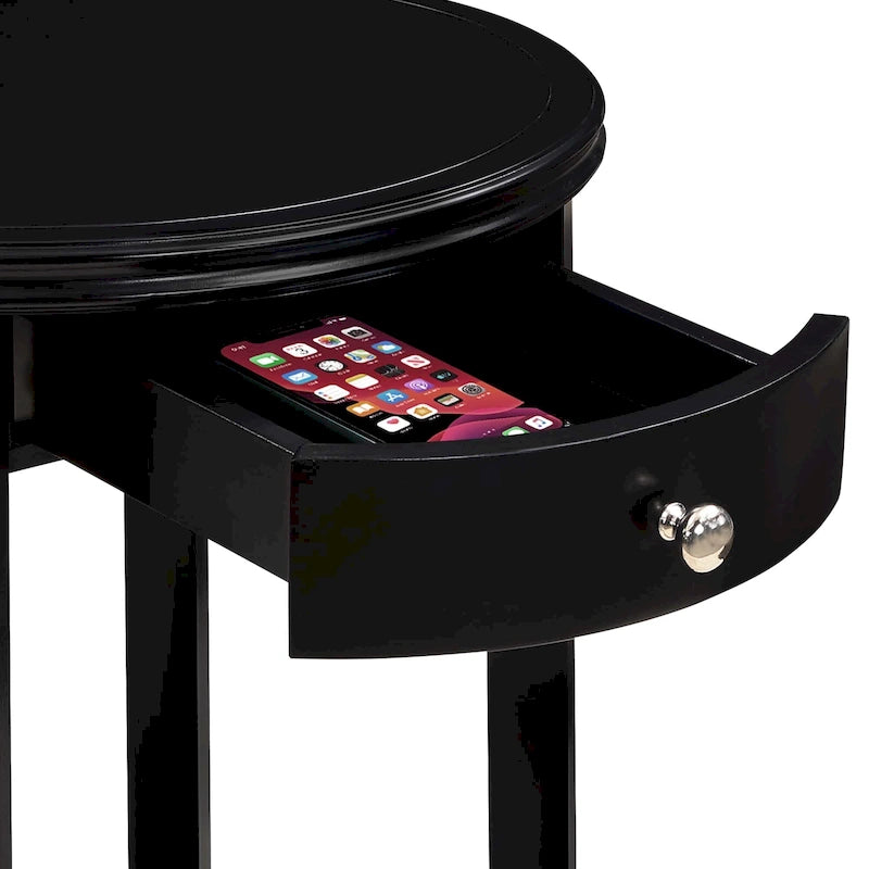 Tavolino rotondo a 2 ripiani color Espresso/Bianco/Nero con 1 cassetto e bordo scanalato per 1 persona
