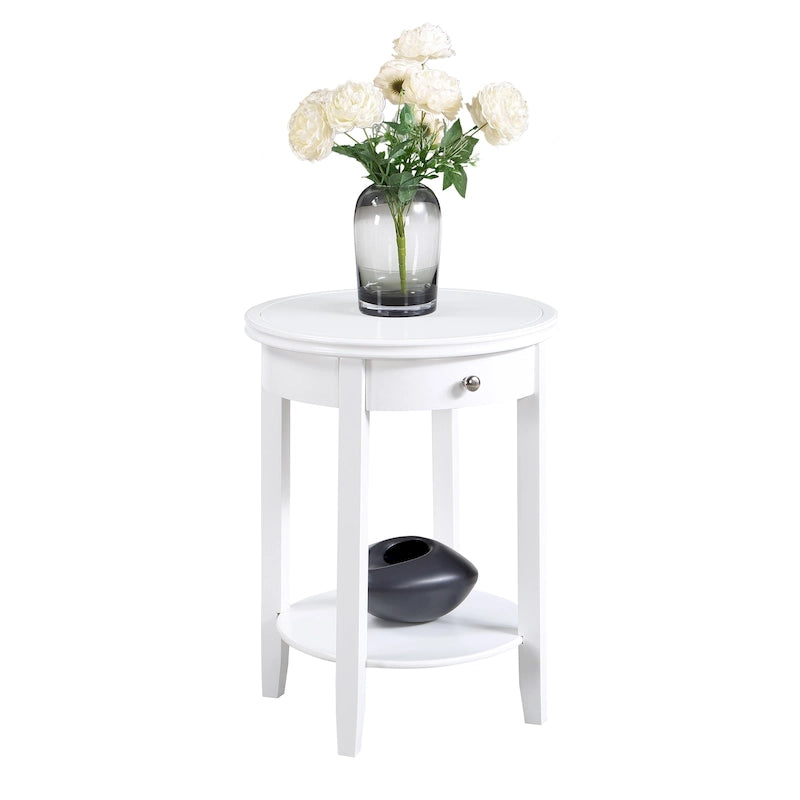 Tavolino rotondo a 2 ripiani color Espresso/Bianco/Nero con 1 cassetto e bordo scanalato per 1 persona