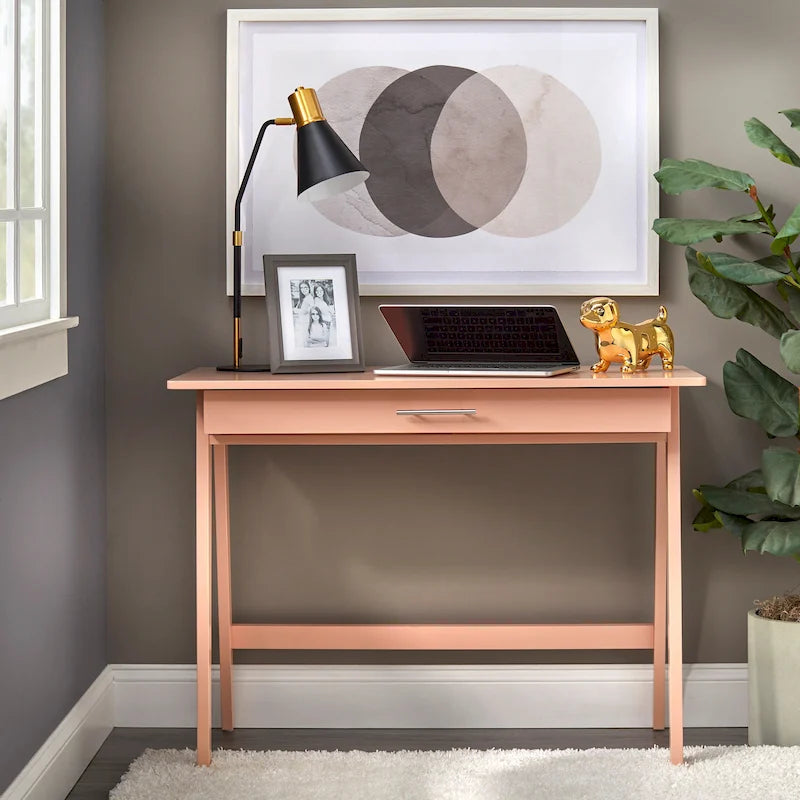 Scrivania compatta con cassetto singolo, in pino e MDF, per 1 persona, colori nero / blu / grigio / bianco / rosa cipria / verde pino