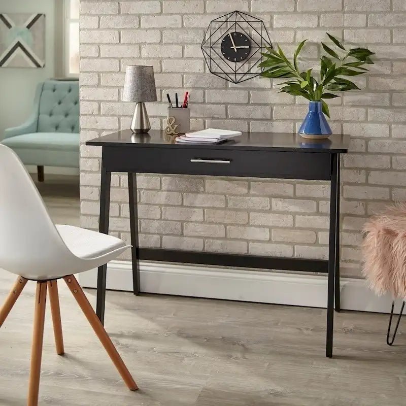 Scrivania compatta con cassetto singolo, in pino e MDF, per 1 persona, colori nero / blu / grigio / bianco / rosa cipria / verde pino