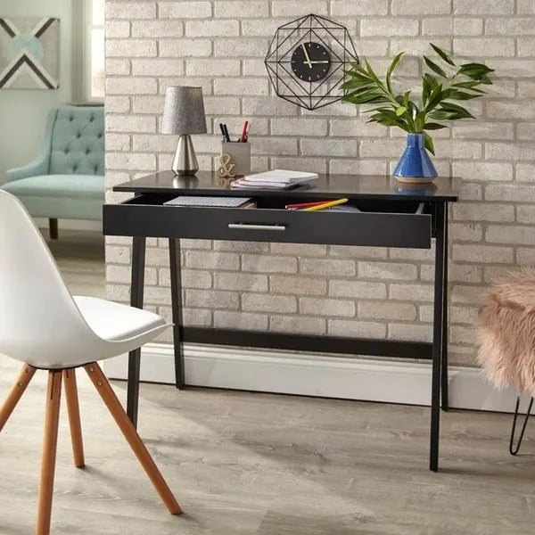 Scrivania compatta con cassetto singolo, in pino e MDF, per 1 persona, colori nero / blu / grigio / bianco / rosa cipria / verde pino