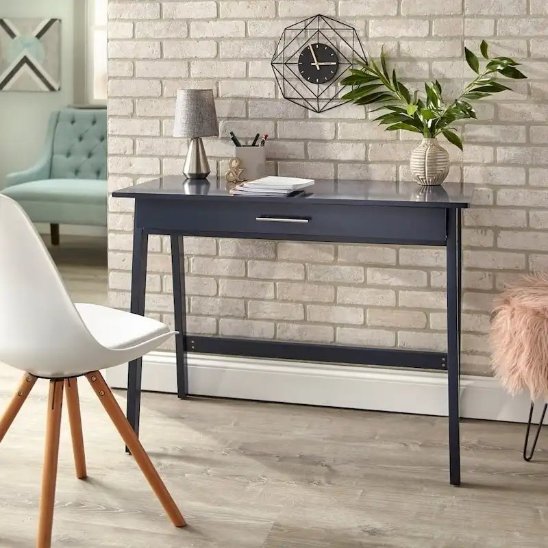 Scrivania compatta con cassetto singolo, in pino e MDF, per 1 persona, colori nero / blu / grigio / bianco / rosa cipria / verde pino