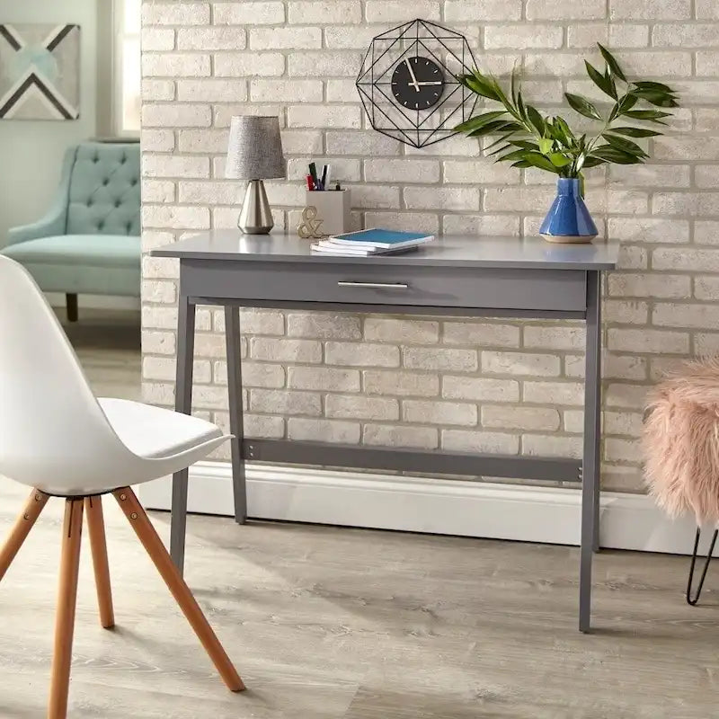 Scrivania compatta con cassetto singolo, in pino e MDF, per 1 persona, colori nero / blu / grigio / bianco / rosa cipria / verde pino