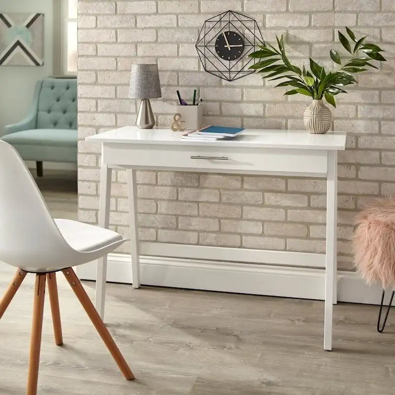 Scrivania compatta con cassetto singolo, in pino e MDF, per 1 persona, colori nero / blu / grigio / bianco / rosa cipria / verde pino