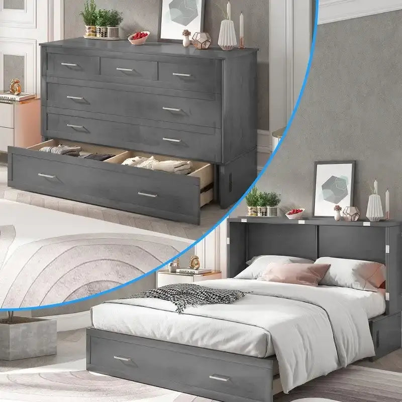 Letto a scomparsa Queen in legno grigio scuro / ciliegio / bianco con materasso, cassetto e stazione di ricarica, per 1 persona