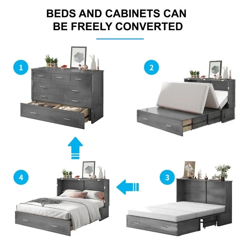 Letto a scomparsa Queen in legno grigio scuro / ciliegio / bianco con materasso, cassetto e stazione di ricarica, per 1 persona