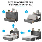 Letto a scomparsa Queen in legno grigio scuro / ciliegio / bianco con materasso, cassetto e stazione di ricarica, per 1 persona