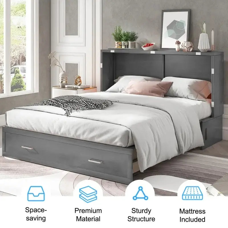 Letto a scomparsa Queen in legno grigio scuro / ciliegio / bianco con materasso, cassetto e stazione di ricarica, per 1 persona