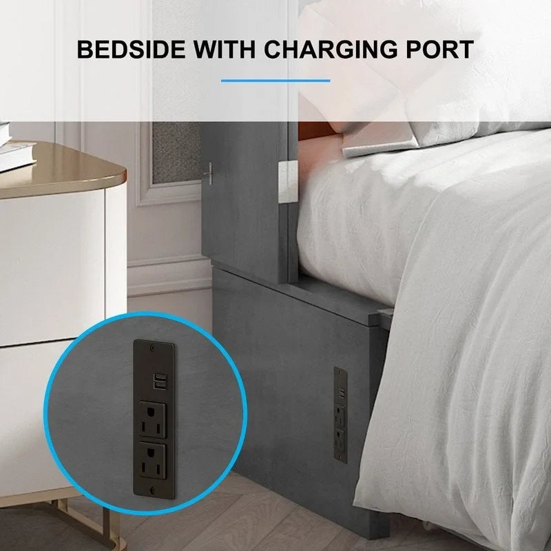 Letto a scomparsa Queen in legno grigio scuro / ciliegio / bianco con materasso, cassetto e stazione di ricarica, per 1 persona