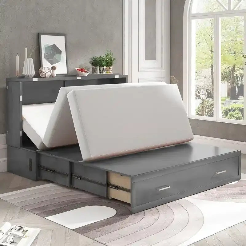 Letto a scomparsa Queen in legno grigio scuro / ciliegio / bianco con materasso, cassetto e stazione di ricarica, per 1 persona