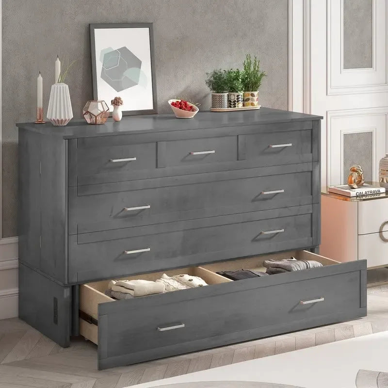 Letto a scomparsa Queen in legno grigio scuro / ciliegio / bianco con materasso, cassetto e stazione di ricarica, per 1 persona