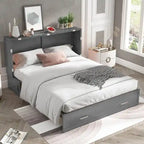 Letto a scomparsa Queen in legno grigio scuro / ciliegio / bianco con materasso, cassetto e stazione di ricarica, per 1 persona