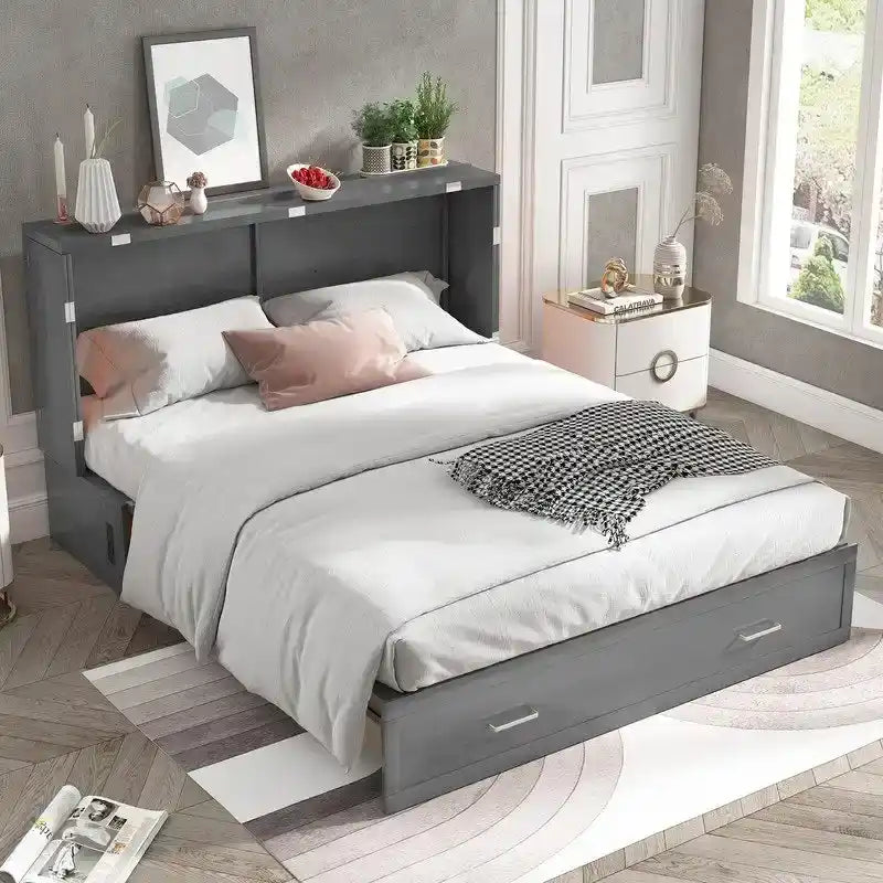 Letto a scomparsa Queen in legno grigio scuro / ciliegio / bianco con materasso, cassetto e stazione di ricarica, per 1 persona