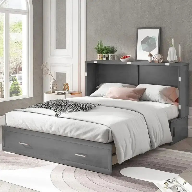 Letto a scomparsa Queen in legno grigio scuro / ciliegio / bianco con materasso, cassetto e stazione di ricarica, per 1 persona