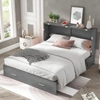 Letto a scomparsa Queen in legno grigio scuro / ciliegio / bianco con materasso, cassetto e stazione di ricarica, per 1 persona