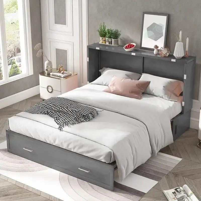 Letto a scomparsa Queen in legno grigio scuro / ciliegio / bianco con materasso, cassetto e stazione di ricarica, per 1 persona