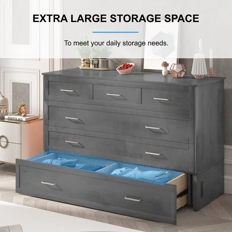 Letto a scomparsa Queen in legno grigio scuro / ciliegio / bianco con materasso, cassetto e stazione di ricarica, per 1 persona
