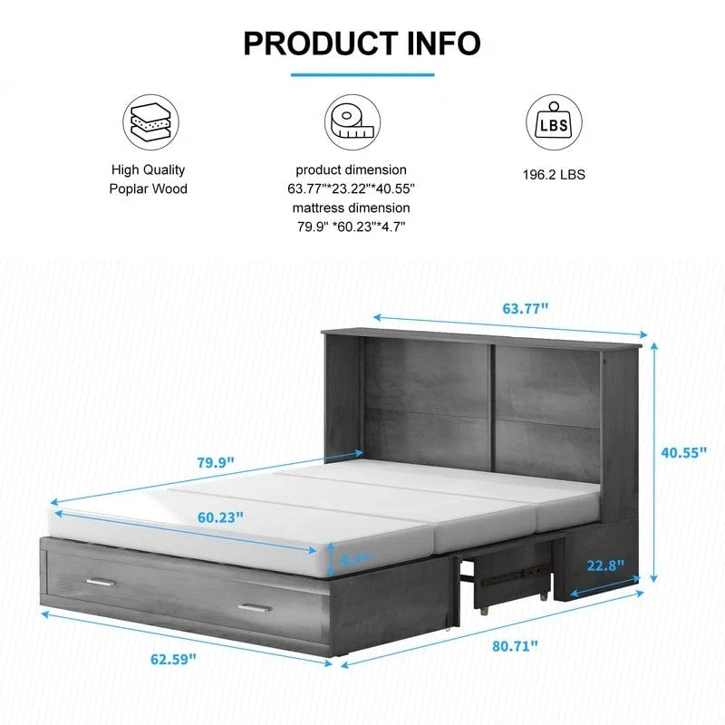Letto a scomparsa Queen in legno grigio scuro / ciliegio / bianco con materasso, cassetto e stazione di ricarica, per 1 persona